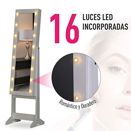 HOMCOM Joyero de Pie con Espejo Armario para Joyas 16 Luces LED Reclinable Guardajoyas Anillos Pendientes Collares Madera 36x30x136cm Blanco