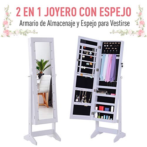 HOMCOM Joyero de Pie con Espejo Armario para Joyas 20 Luces LED Reclinable Guardajoyas Anillos Pendientes Collares Cerradura Madera 40x37x146cm Blanco