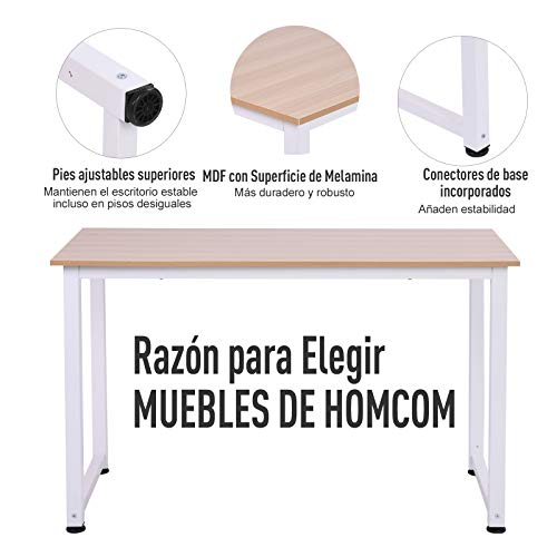 HOMCOM Mesa de Ordenador Escritorio para Hogar Oficina con Pies Ajustables Mobiliario Simple de Oficina 120x60x76cm Carga 100kg Marco Metal