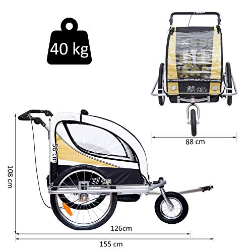 HOMCOM Remolque para Bicicleta tipo Carro con Barra de Paseo para Niños de 2 Plazas con Rueda Delantera Giratoria 360° y Asiento Acolchado Carga Máx. 40kg (Amarillo)