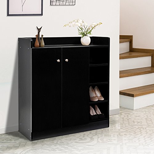 HOMCOM Zapatero Armario Madera Mueble Zapatero Gabinete 2 Puertas 4 Estantes Baldas Interiores Ajustables 83x30x90cm Negro