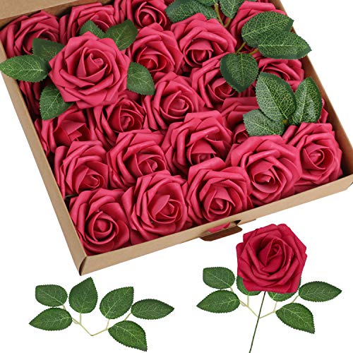 Homcomodar Flores Artificiales Rosa roja Oscura 30 Piezas Rosas Falsas de Aspecto Real con Tallo para Bodas Ramos de Bricolaje centros de Mesa arreglo Fiesta decoración del hogar