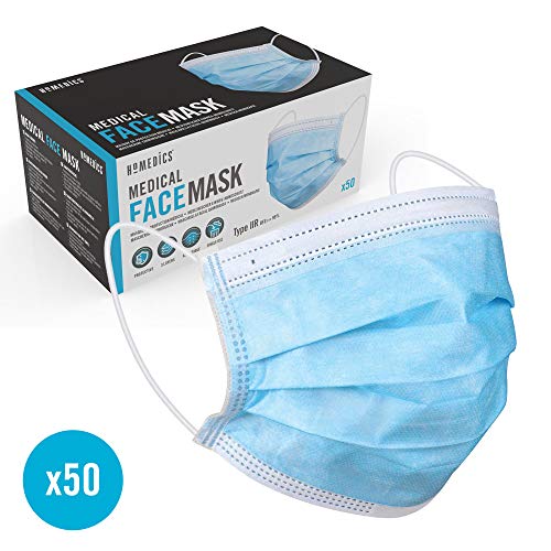 Homedics Mascarillas Médicas Desechables – Pack 50 unidades - 3 Capas Transpirables con Elástico para Los Oídos – Mascarillas IIR homologadas CE