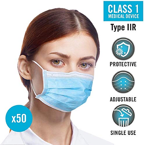 Homedics Mascarillas Médicas Desechables – Pack 50 unidades - 3 Capas Transpirables con Elástico para Los Oídos – Mascarillas IIR homologadas CE