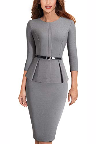 HOMEYEE Negocio Vestido de Mujer Cuello Redondo Peplo Cinturón B473 (EU 40 = Size L, Gris)