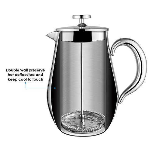 HOMFA Cafetera de Émbolo Filtra Bien Aislada para Café Té Leche Prensa Francesa Cafetera de Acero inoxidable 1000 ml 13.5*18.5*22.5 cm