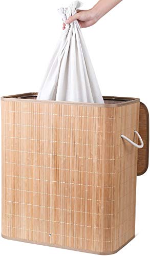 Homfa Cesto para la Colada Pelegable con 2 Compartimientos Cesta para Ropa Sucia con Tapa y Bolsa Extraíble Cesta de Lavandería de Bambú 100L 54 x 33 x 59.5 cm (Natural)