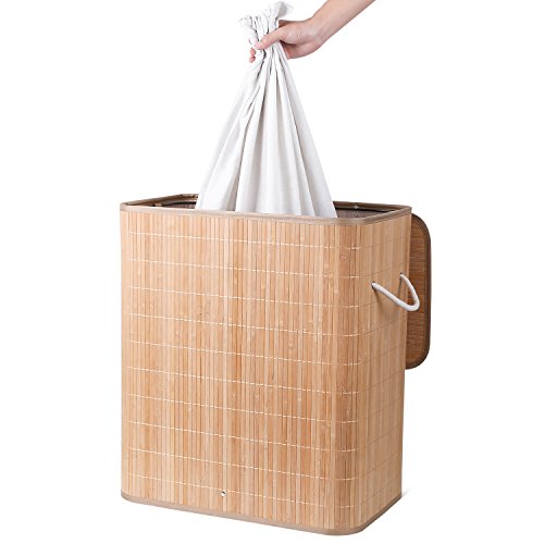 Homfa Cesto para la Colada Pelegable con 2 Compartimientos Cesta para Ropa Sucia con Tapa y Bolsa Extraíble Cesta de Lavandería de Bambú 100L 54 x 33 x 59.5 cm (Natural)