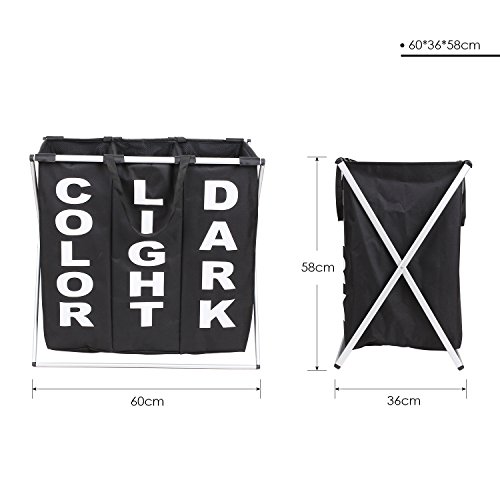 HOMFA Cesto Ropa Sucia con 3 Compartimentos Diseño Plegable de X Cesto para la Colada Ropa Poliéster 125L 60x36x58cm Negro