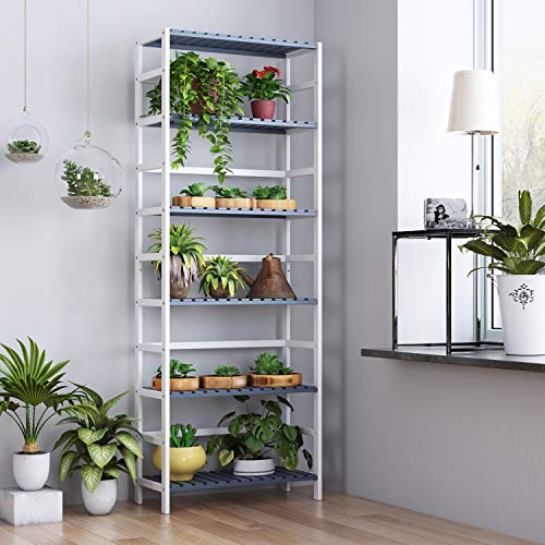 Homfa Estantería Bambú para Baño Bastidores para Plantas Estantería Almacenaje para Cocina de 6 Niveles Blanco y Gris 60x26x161cm