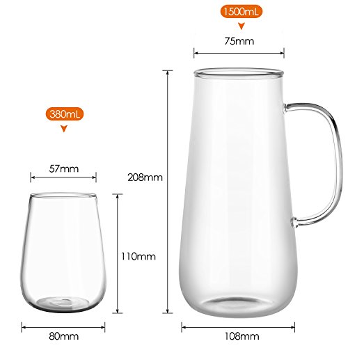 Homfa Jarra Agua 1.5 L para Frigorífico con Tapa y 2 Vasos de 380 ML Jarra de Cristal Resistente al Calor para Agua Caliente Y Fría