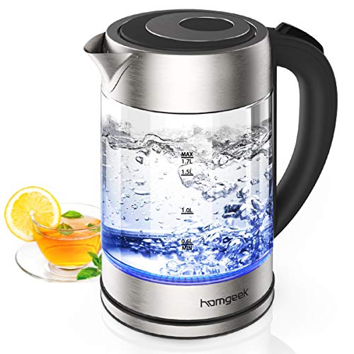 homgeek Hervidor de Agua Electrico, 1.7 litros Calentador de Agua, 2200W Ebullición Rápida con Libre de BPA, Vidrio Borosilicato, Desconexión Automática