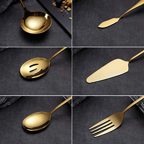 HOMQUEN 6 Piezas de Dorado Juego de Cubiertos,Incluye Servidor de Pastel, Cuchara Ranurada para Servir, Cuchara para Servir, Tenedor para Carne Fría, Cuchillo para Mantequilla, Cucharón para Sopa