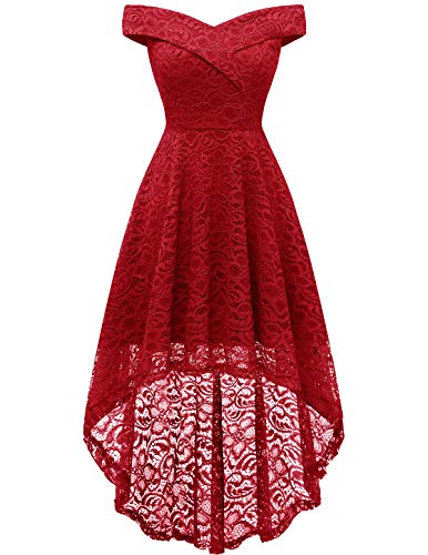 Homrain Vestido Cóctel Vintage A-línea Hi-Lo Elegante Encaje Fiesta Noche Vestido para Mujer Red M