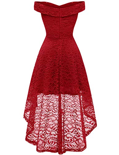 Homrain Vestido Cóctel Vintage A-línea Hi-Lo Elegante Encaje Fiesta Noche Vestido para Mujer Red M