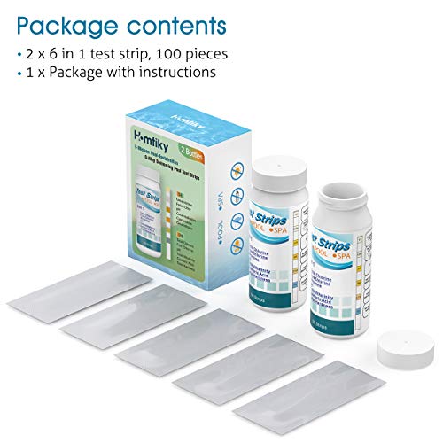 Homtiky Tiras Reactivas pH Piscinas, Papel de Prueba de Agua 6 en 1, Paquete Doble de 100 Piezas de Tiras Piscinas, Agua Potable, pH/Cloro/Alcalinidad/Ácido Cianúrico y Dureza del Agua