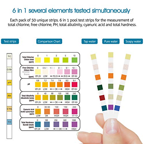 Homtiky Tiras Reactivas pH Piscinas, Papel de Prueba de Agua 6 en 1, Paquete Doble de 100 Piezas de Tiras Piscinas, Agua Potable, pH/Cloro/Alcalinidad/Ácido Cianúrico y Dureza del Agua