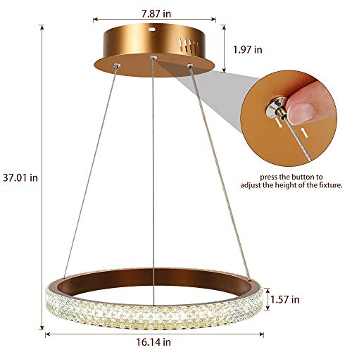 Horevo Anillo Lámpara Colgante Regulable, 24W Led Lamparas Techo Colgantes Cristal Moderno Diseño Iluminación Interior para Sala, Dormitorio, Comedor, Cocina, Atenuación Continua, Ajustable