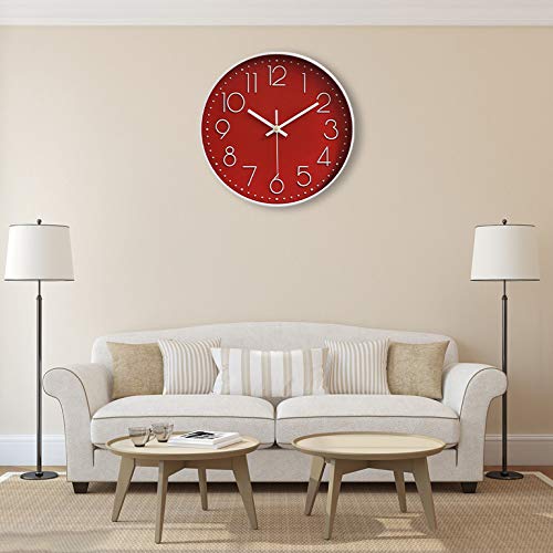 Hoston Reloj de Pared Moderno,Grandes Silencioso Interior Reloj de Cuarzo Redondo sin tictac Decorativos Reloj Pared para Sala Cocina, Dormitorio, Oficina. (Rojo)