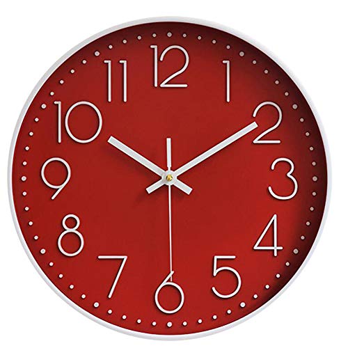 Hoston Reloj de Pared Moderno,Grandes Silencioso Interior Reloj de Cuarzo Redondo sin tictac Decorativos Reloj Pared para Sala Cocina, Dormitorio, Oficina. (Rojo)