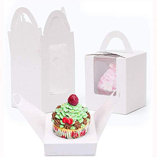 HoufuJC 25 Piezas Caja para Tartas con Ventana, Portátil Cupcake Cajas Contenedores, con Inserto y Asas y Ventana de Exhibición de PVC, para Bodas, Fiestas de Cumpleaños (5 Colores)