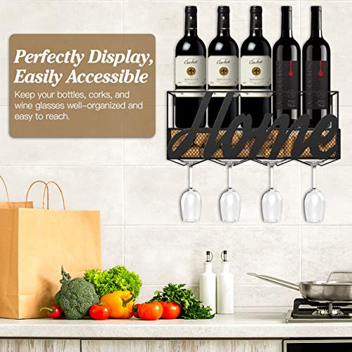 Housolution Botellero de Pared, Estante Durable de Botellas y Copas de Vino, Estante de Almacenamiento Multifuncional para Colocar Vino, Champaña, Bebidas y etc en Hogar, Bar, Restaurante – Negro