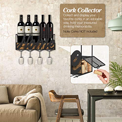 Housolution Botellero de Pared, Estante Durable de Botellas y Copas de Vino, Estante de Almacenamiento Multifuncional para Colocar Vino, Champaña, Bebidas y etc en Hogar, Bar, Restaurante – Negro