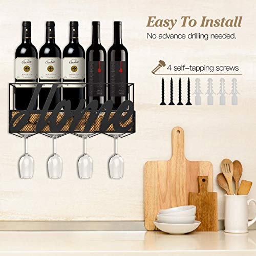 Housolution Botellero de Pared, Estante Durable de Botellas y Copas de Vino, Estante de Almacenamiento Multifuncional para Colocar Vino, Champaña, Bebidas y etc en Hogar, Bar, Restaurante – Negro