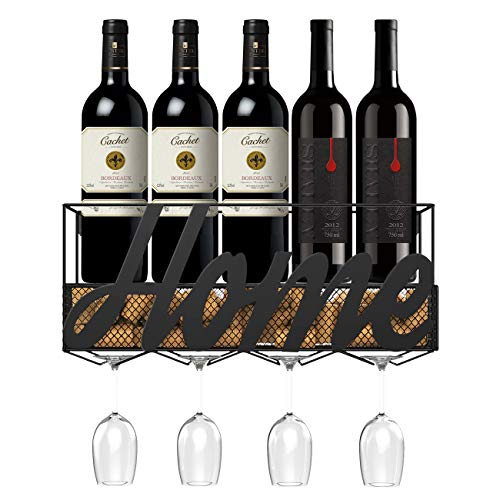 Housolution Botellero de Pared, Estante Durable de Botellas y Copas de Vino, Estante de Almacenamiento Multifuncional para Colocar Vino, Champaña, Bebidas y etc en Hogar, Bar, Restaurante – Negro