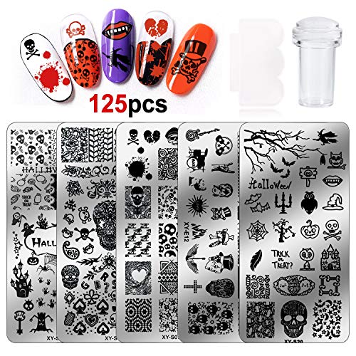 HOWAF Halloween Tamping Nail Art Set, 5 Pcs Plantillas para Uñas Placas estampacion uñas +1pcs Estampador+1pcs Raspador para uñas Halloween decoración manicura niñas Mujer