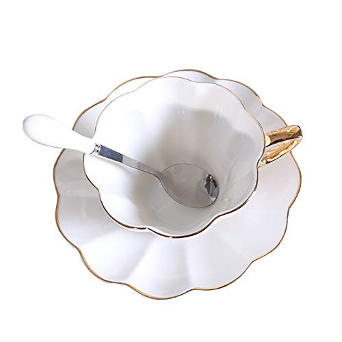 HRDZ Taza Taza café Hotel Hombre Europeo Hueso China Taza de café Estilo británico Oro Tarde Taza de té Taza de Leche con Cuchara Plato Taza de café de cerámica de Alto Grado 1 Juego 9.5 * 6.5cm