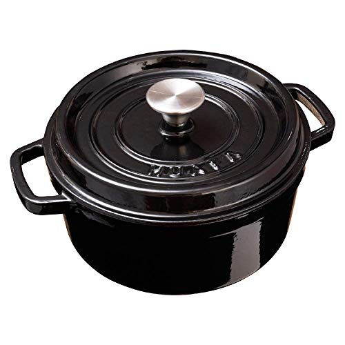 HUAFA Cocotte redonda con Tapa olla hierro fundido Todas Las Fuentes de Calor Incl. Inducción,24 cm, 3,8 L (Negro, 24 cm)