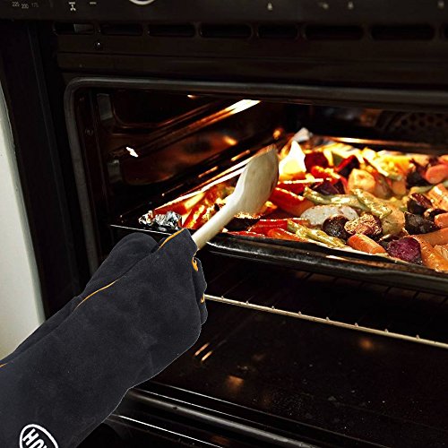 HUAFA Guantes de Horno, Cuero Resistente al Calor Guantes para Hornear,Guantes de Barbacoa, Guantes para Hornear para cocinar,Adecuado para Cocina, microondas, Parrilla-1 Par (Piel de Vaca, Negro)