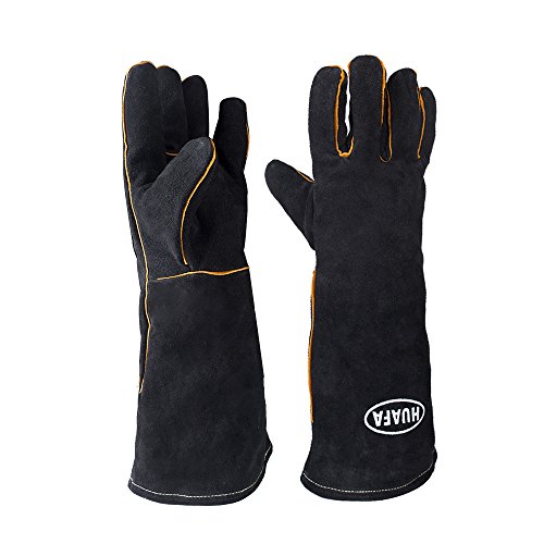 HUAFA Guantes de Horno, Cuero Resistente al Calor Guantes para Hornear,Guantes de Barbacoa, Guantes para Hornear para cocinar,Adecuado para Cocina, microondas, Parrilla-1 Par (Piel de Vaca, Negro)