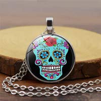 Huang Glass art Collar de Calavera de azúcar Día de los Muertos, Colgante de Foto de Esqueleto, Tatuaje, Flor gótica, joyería de Vidrio, Accesorios góticos