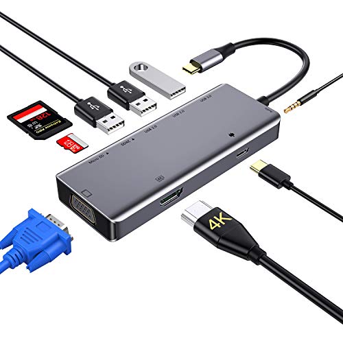 Hub USB C, concentrador tipo c 9 en 1 con 4K HDMI,VGA,USB 3.0, USB-C Power Delivery, 3,5mm Audio Jack,Lector de Tarjetas SD/TF, Samsung Dex Adaptador para MacBook Pro 2019 y más dispositivos (Grey)