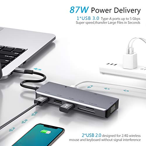 Hub USB C, concentrador tipo c 9 en 1 con 4K HDMI,VGA,USB 3.0, USB-C Power Delivery, 3,5mm Audio Jack,Lector de Tarjetas SD/TF, Samsung Dex Adaptador para MacBook Pro 2019 y más dispositivos (Grey)