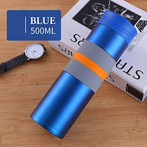 HUIHUAN Botella termo para bebidas 304 Acero inoxidable Frasco de vacío Moda Taza antideslizante portátil Taza de 500 ml con fugas de té para la oficina Escuela Picnic Viajes al aire libre,Blue