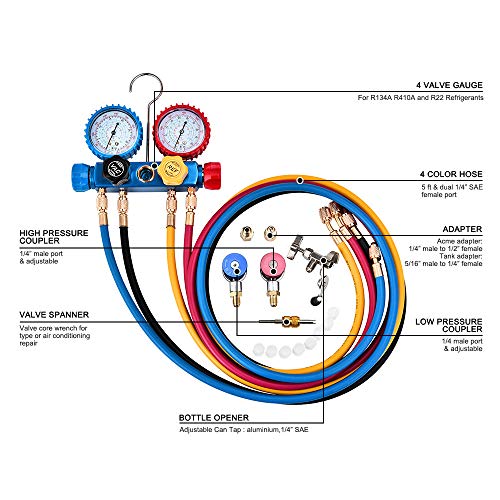 HUKOER Conjunto de manómetro de diagnóstico de 4 vías Profesional para Carga de freón y evacuación de Bombas de vacío, refrigerantes R134A R410A y R22 con Manguera de Carga de freón de 4 Colores