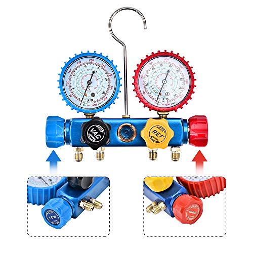 HUKOER Conjunto de manómetro de diagnóstico de 4 vías Profesional para Carga de freón y evacuación de Bombas de vacío, refrigerantes R134A R410A y R22 con Manguera de Carga de freón de 4 Colores