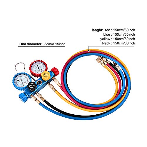 HUKOER Conjunto de manómetro de diagnóstico de 4 vías Profesional para Carga de freón y evacuación de Bombas de vacío, refrigerantes R134A R410A y R22 con Manguera de Carga de freón de 4 Colores