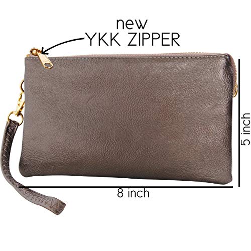 Humble Chic NY Pequeño Cuero Vegano O De Crossbody Del Mitón Del Monedero Del Embrague, Incluye Hombro Ajustable Y Correas De Muñeca, Bronce De Cañón, Metálico, Plata Oscura