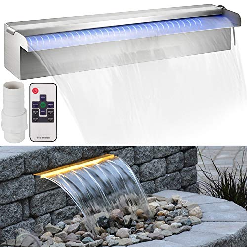 Husuper Cascada de Agua de Acero Inoxidable 45 x 11.4 x 7.8 CM Fuente de Cascada Cascada Agua Acero Inoxidable con LED Fuente Rectangular con Leds Fuente Rectangular con Leds para Piscina