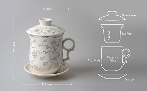 Hwagui Chinese Style 4 piezas taza de té de cerámica porcelana taza de té flor pintura taza de café establece con tapa, infusor, platillo