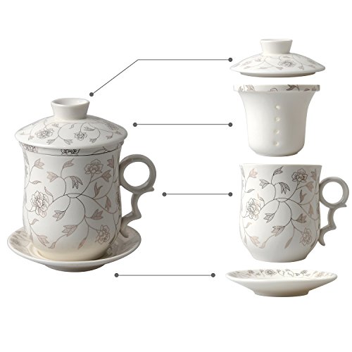 Hwagui Chinese Style 4 piezas taza de té de cerámica porcelana taza de té flor pintura taza de café establece con tapa, infusor, platillo