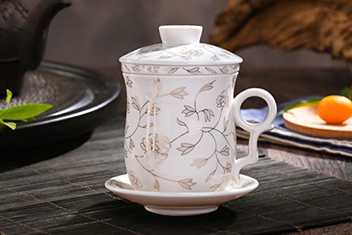 Hwagui Chinese Style 4 piezas taza de té de cerámica porcelana taza de té flor pintura taza de café establece con tapa, infusor, platillo