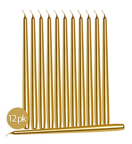 Hyoola 12 Velas de Metal Alto – 35,6 cm Dorado Pintado metálico, sin Goteo, sin Aroma, Vela de Cena – Cera de parafina con mechas de algodón