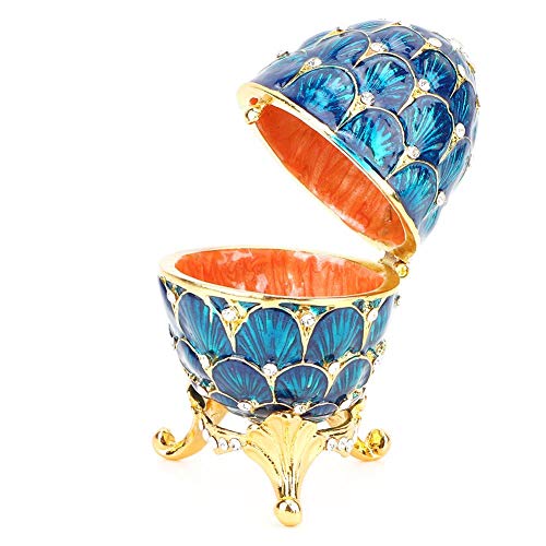 Hztyyier Pintado a Mano esmaltado Vintage Faberge Huevo Estilo Decorativo Organizador de joyería baratija Caja Huevo de Pascua decoración Regalo para decoración del hogar(Azul)