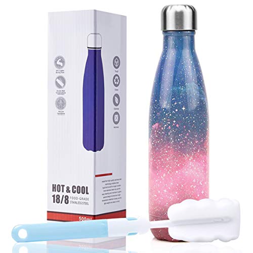 I Kua Fly Botella Agua Acero Inoxidable 500ml sin BPA Doble Pared Aisladas Botella Termica con Pincel, Adecuada para Niños, Viaje, Deporte, Bicicleta, Gimnasio (Galaxia Rosa)