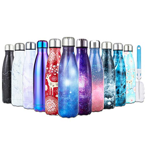 I Kua Fly Botella Agua Acero Inoxidable 500ml sin BPA Doble Pared Aisladas Botella Termica con Pincel, Adecuada para Niños, Viaje, Deporte, Bicicleta, Gimnasio (Galaxia Rosa)